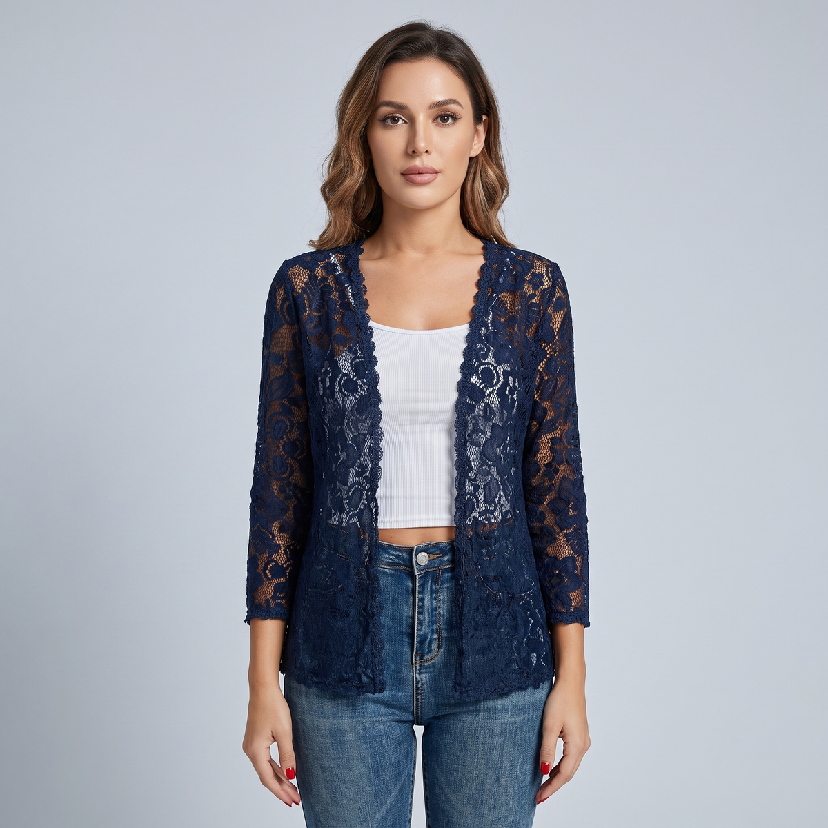 Cardigan Donna Traforato Floreale con Apertura Frontale