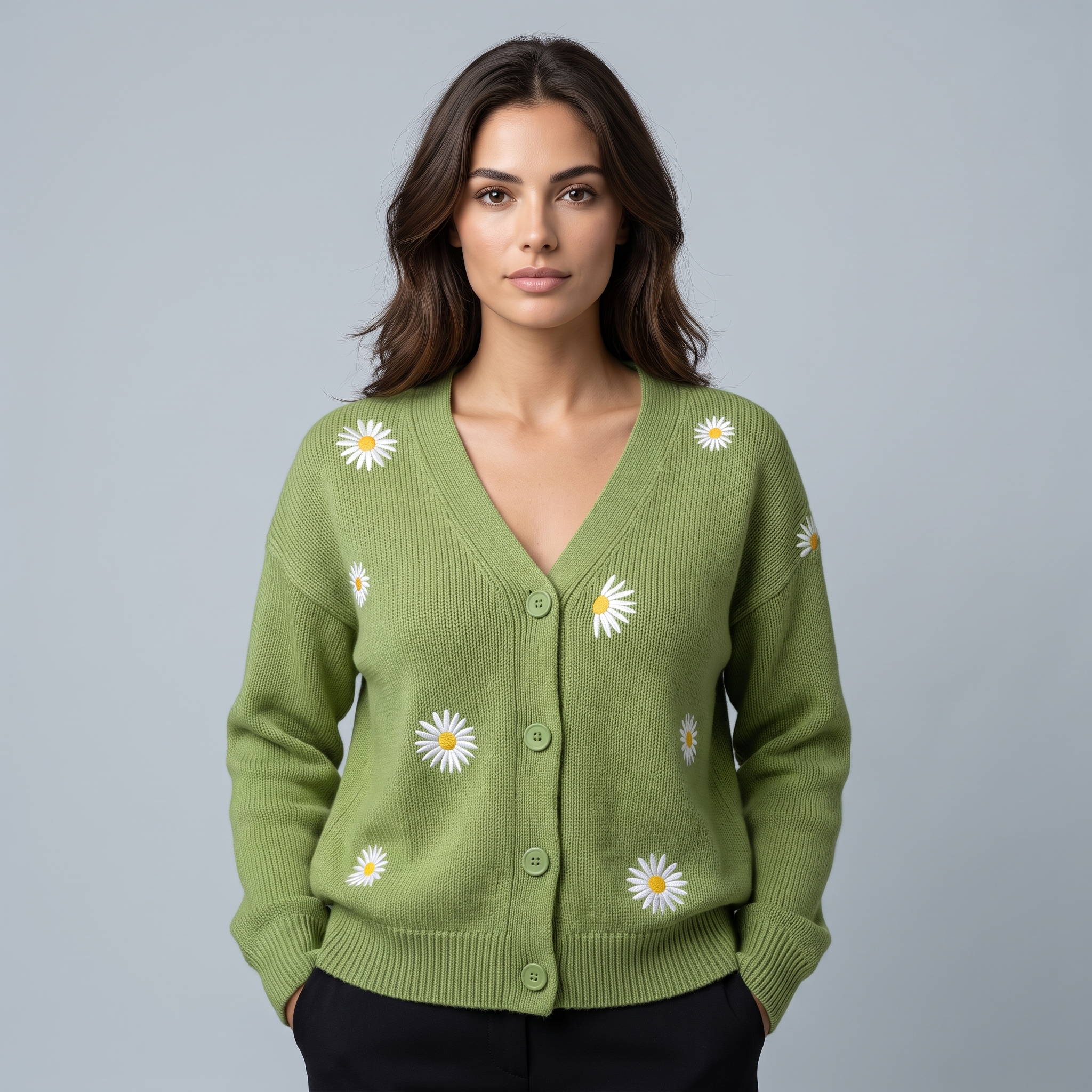 Women's Embroidered Cardigan with Buttons and Floral Embroidery
