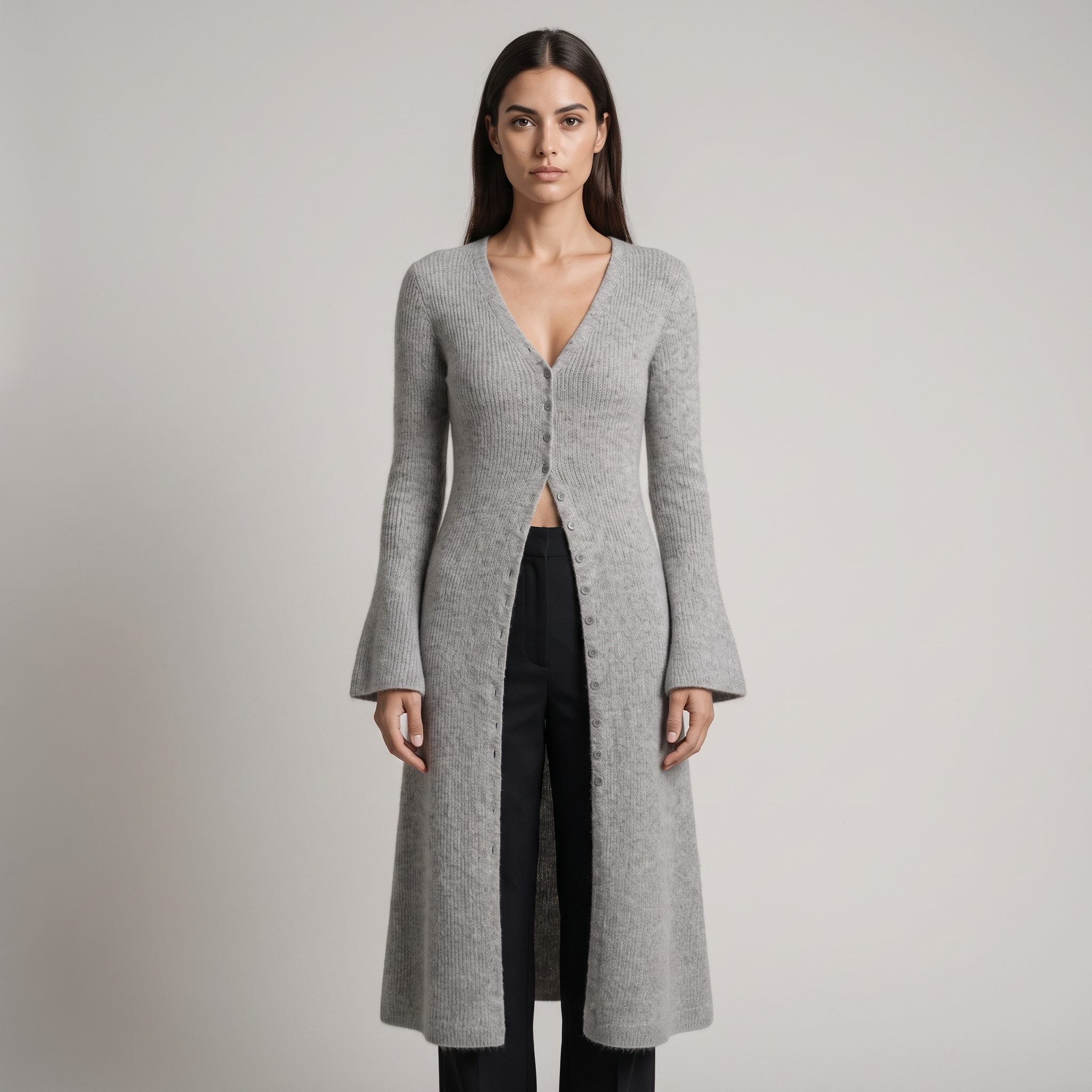 Women’s Long V-neck Cardigan in a Wool Blend