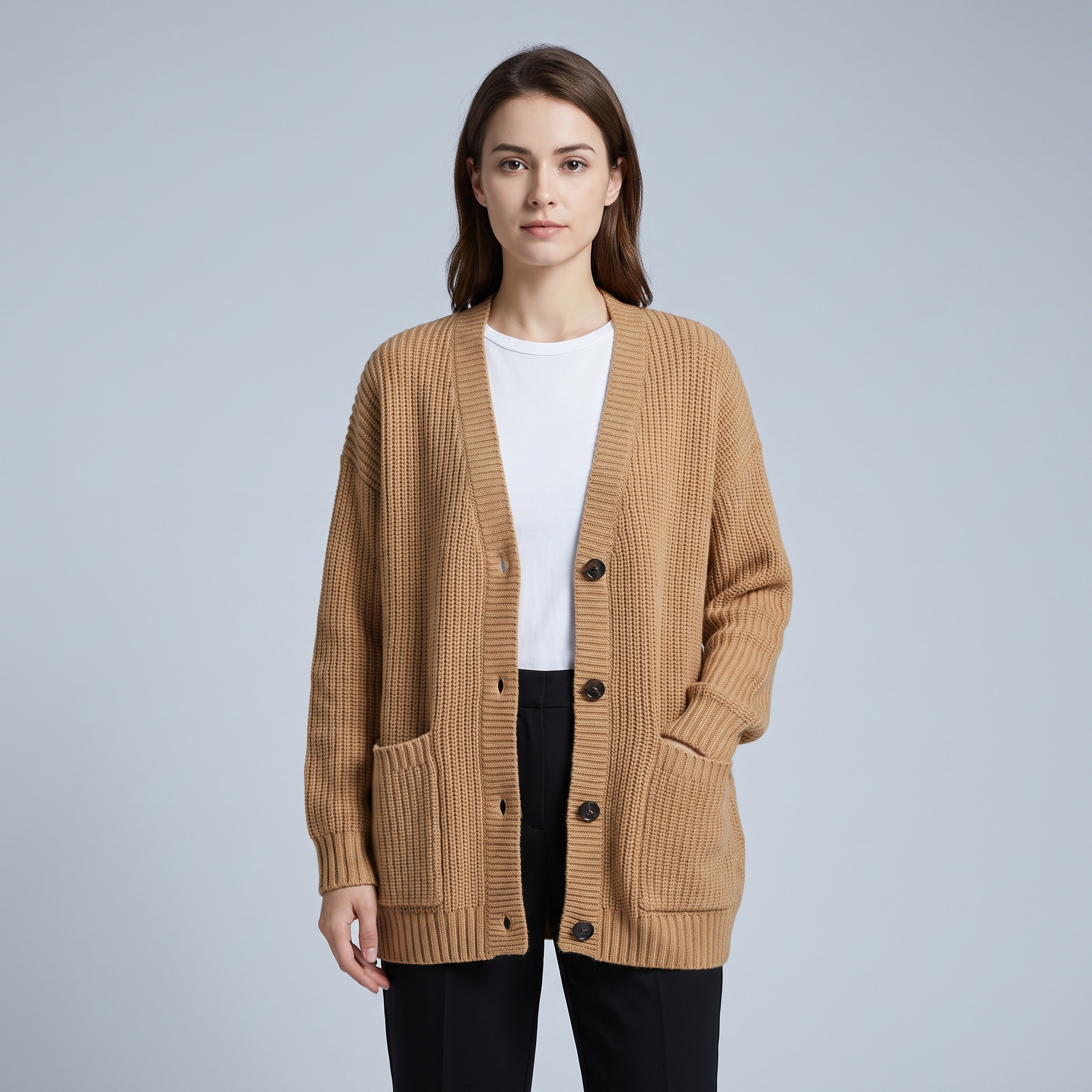 Oversized Women’s Chunky-Knit Cardigan with Buttons and Pockets