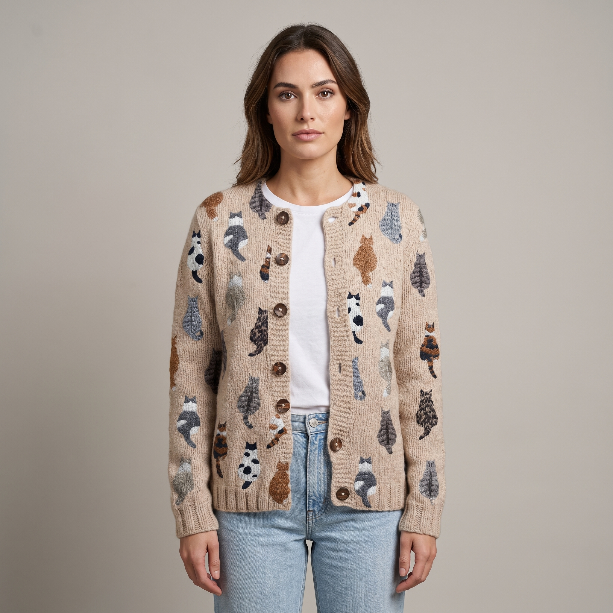 Soft Women’s Cardigan with Cat Pattern and Buttons