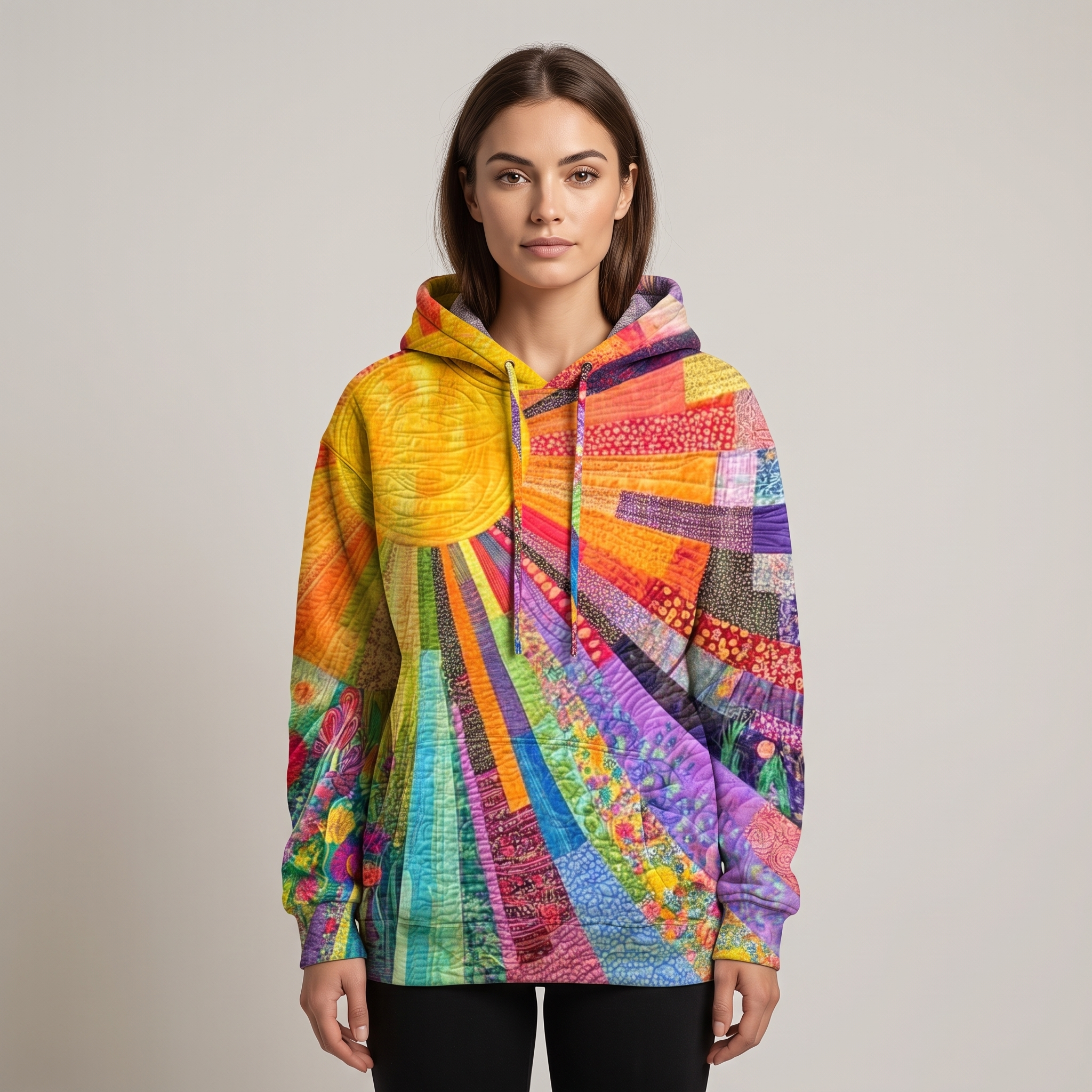 Women’s Oversized Hoodie with Radiating Patchwork Print