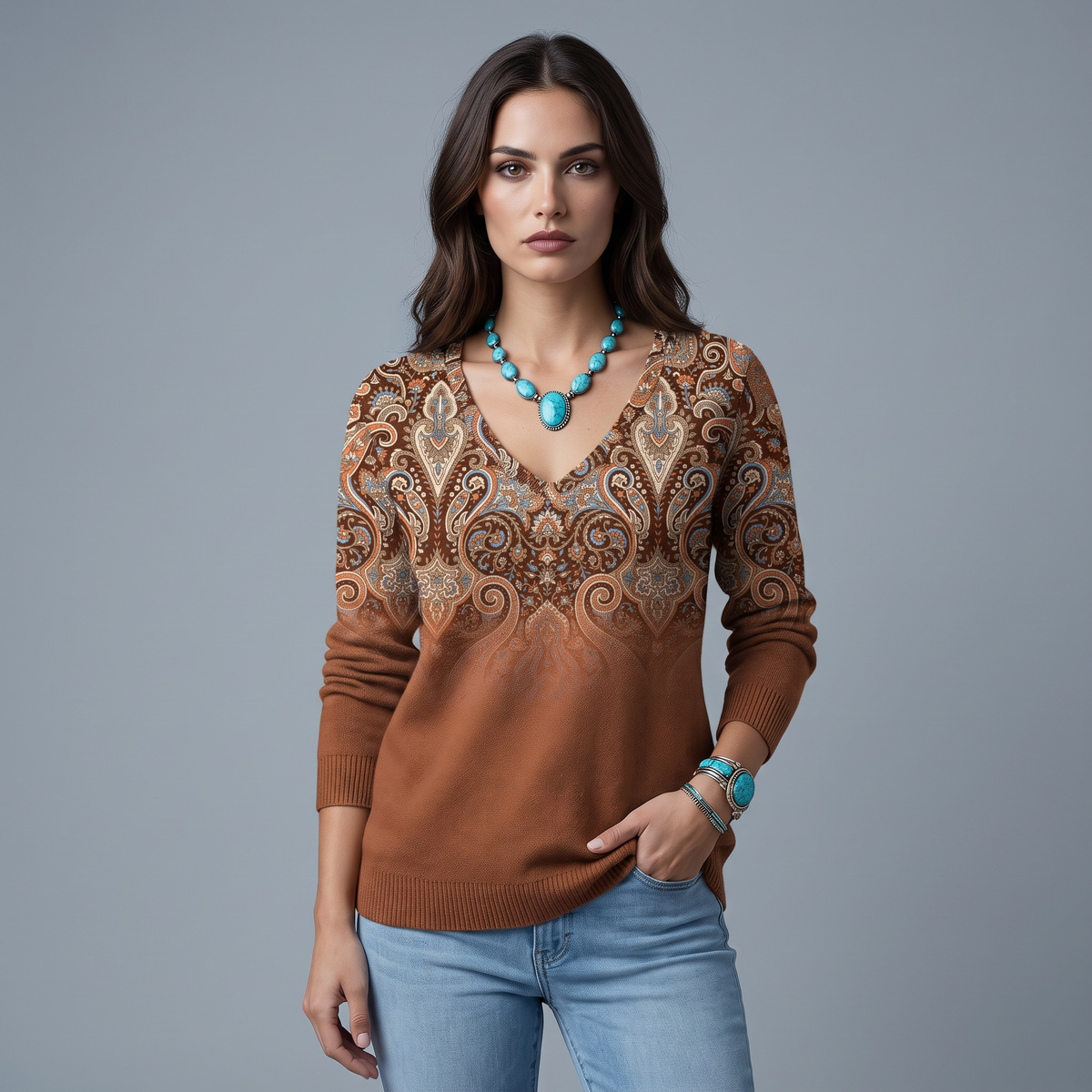 Women's V-Neck Printed Sweater, Regular Fit