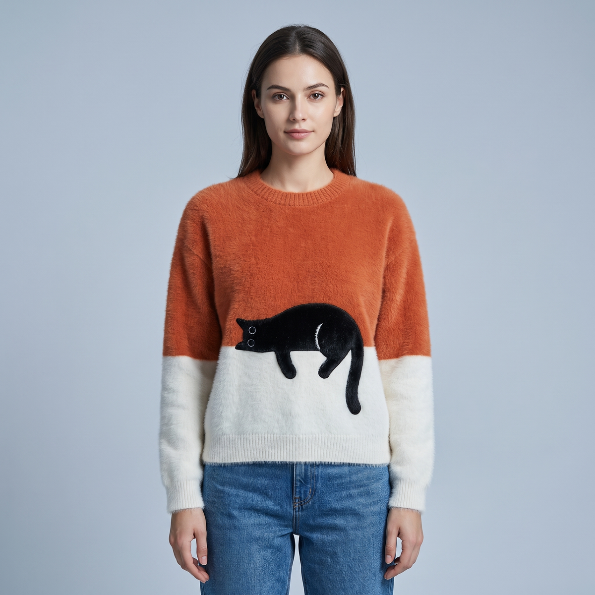 Women's Casual Cat-Print Pullover Sweater