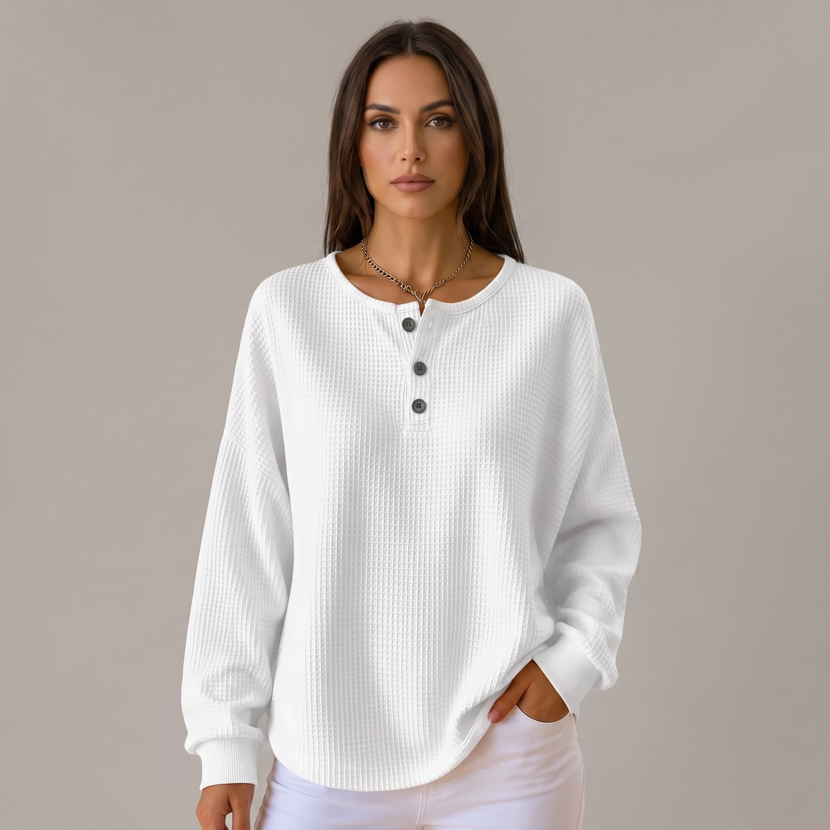 Women's Oversized Waffle Sweater with Button Placket