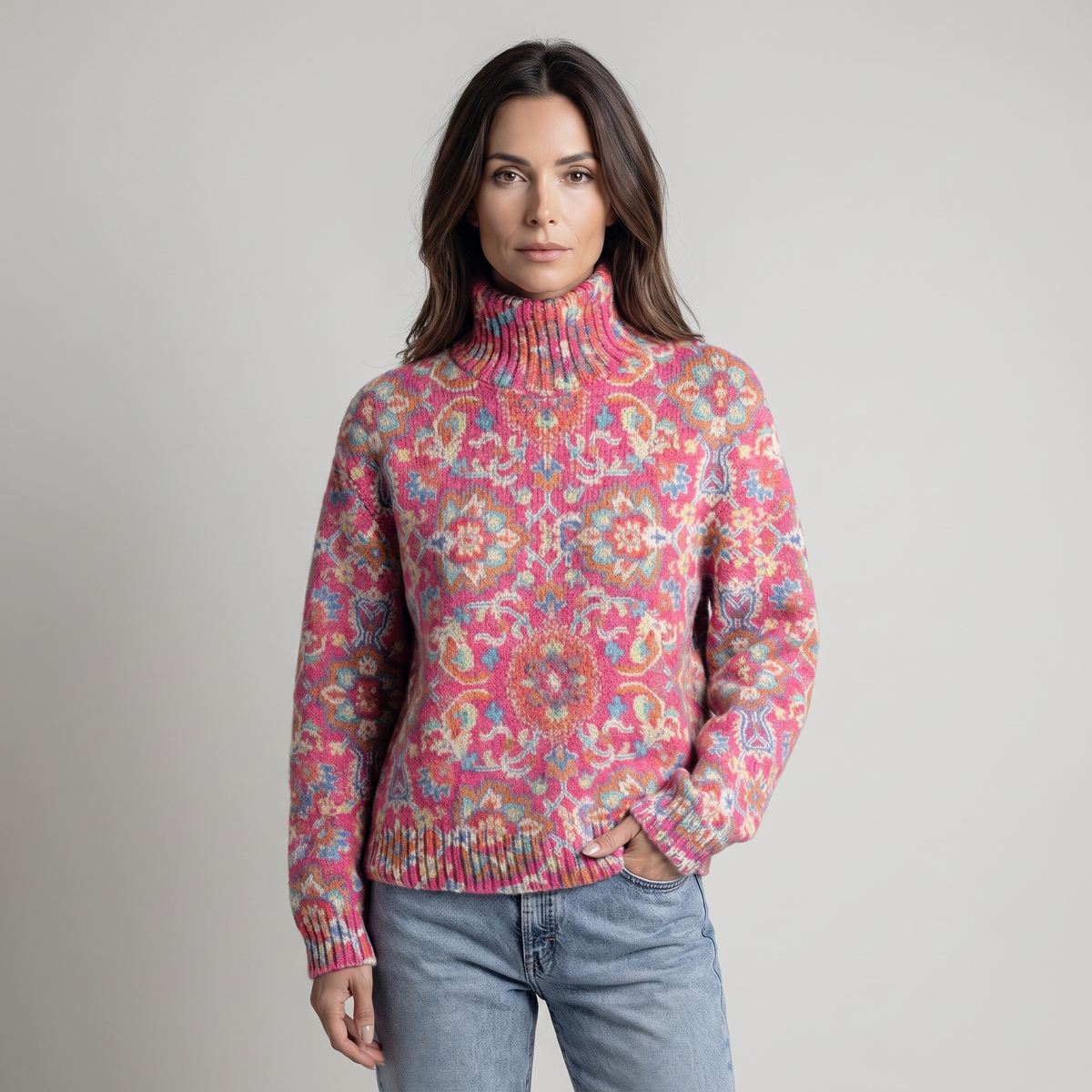 Women's Turtleneck Sweater with Ethnic Floral Print