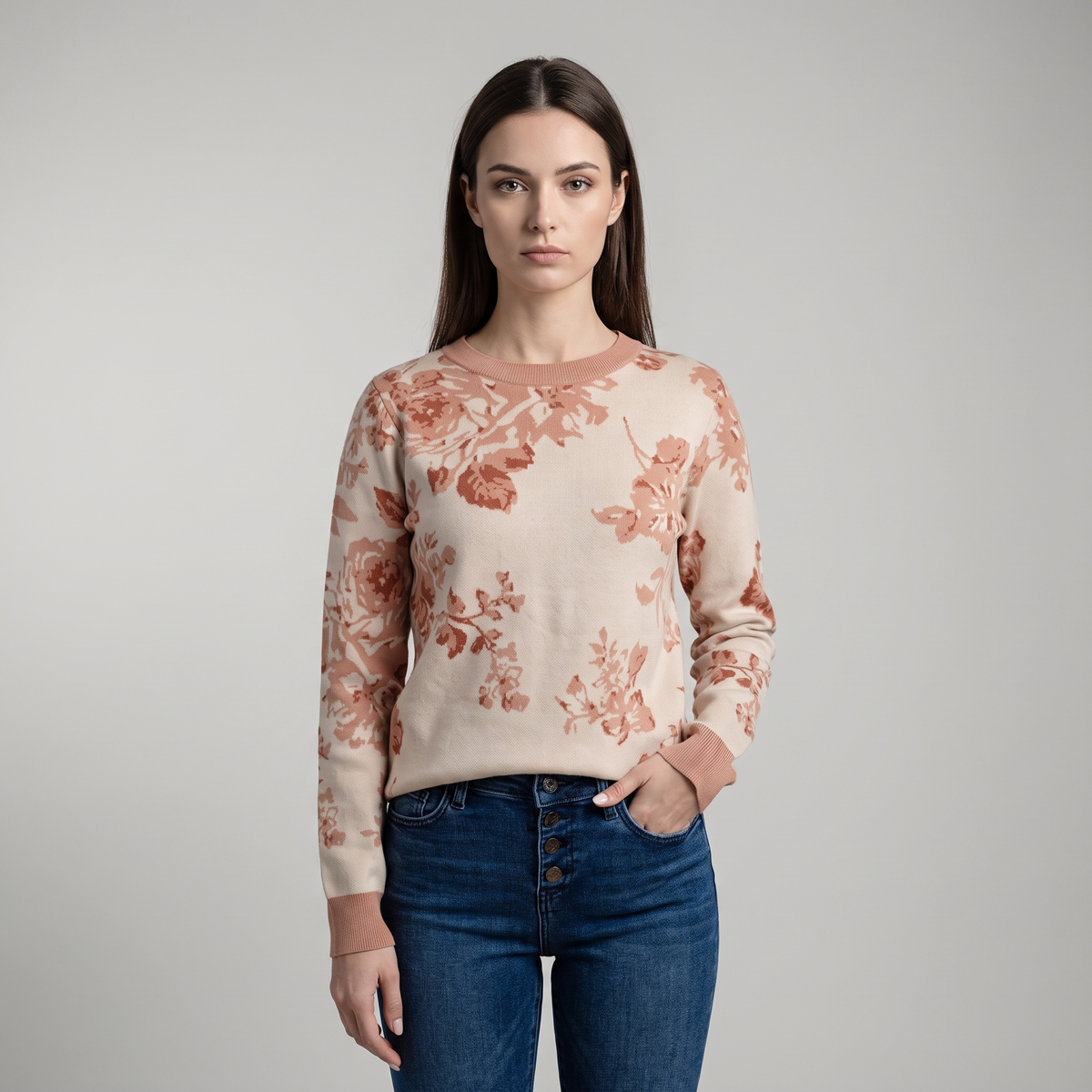 Women's Boxy Floral Jacquard Crew-Neck Sweater