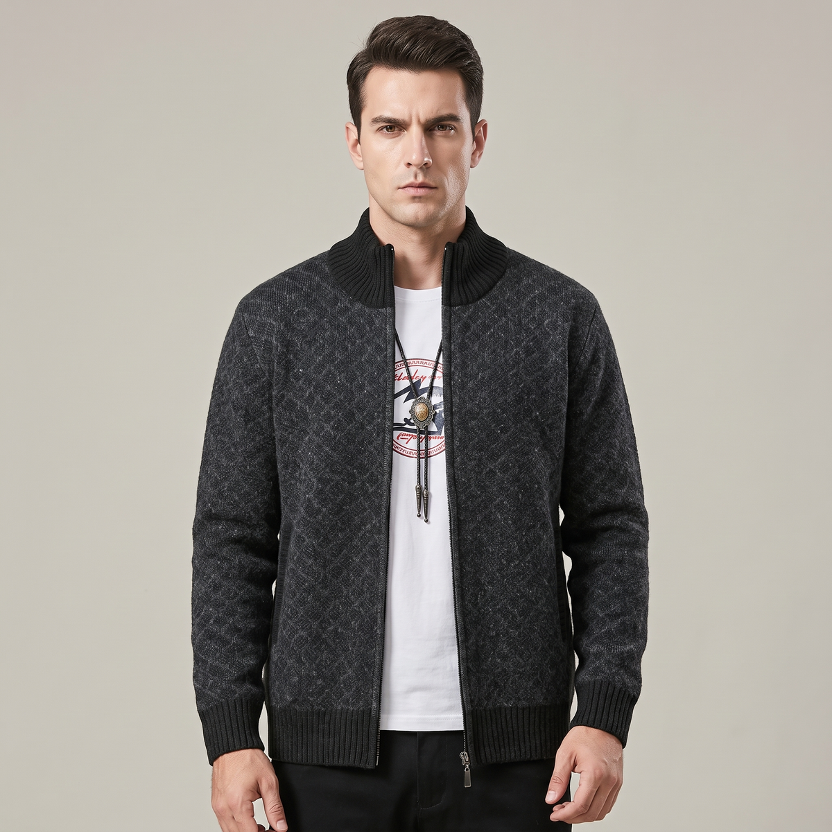 Men’s Oversized Knit Front-Zip Cardigan