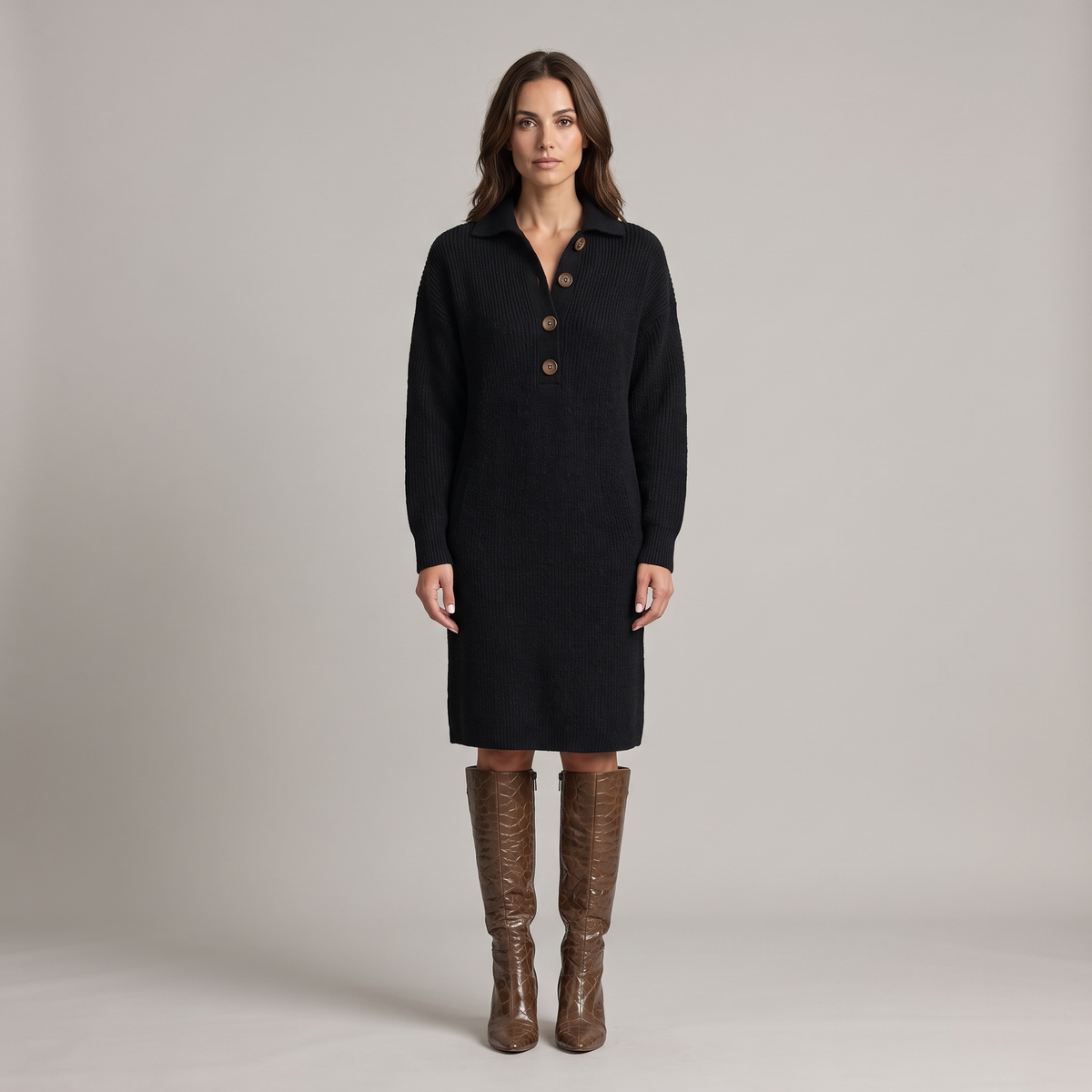 Ribbed Midi Sweater Dress with High Neck and Three Buttons