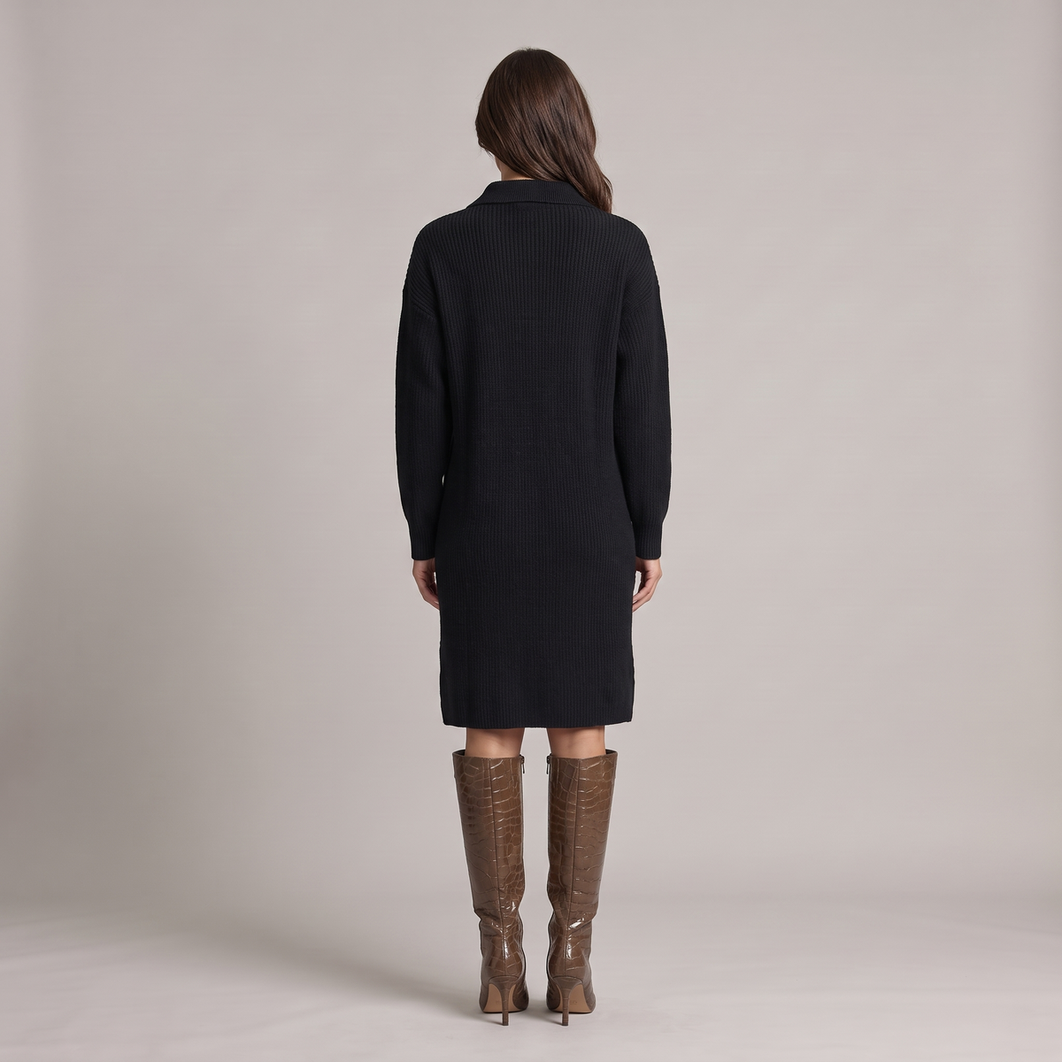 Ribbed Midi Sweater Dress with High Neck and Three Buttons