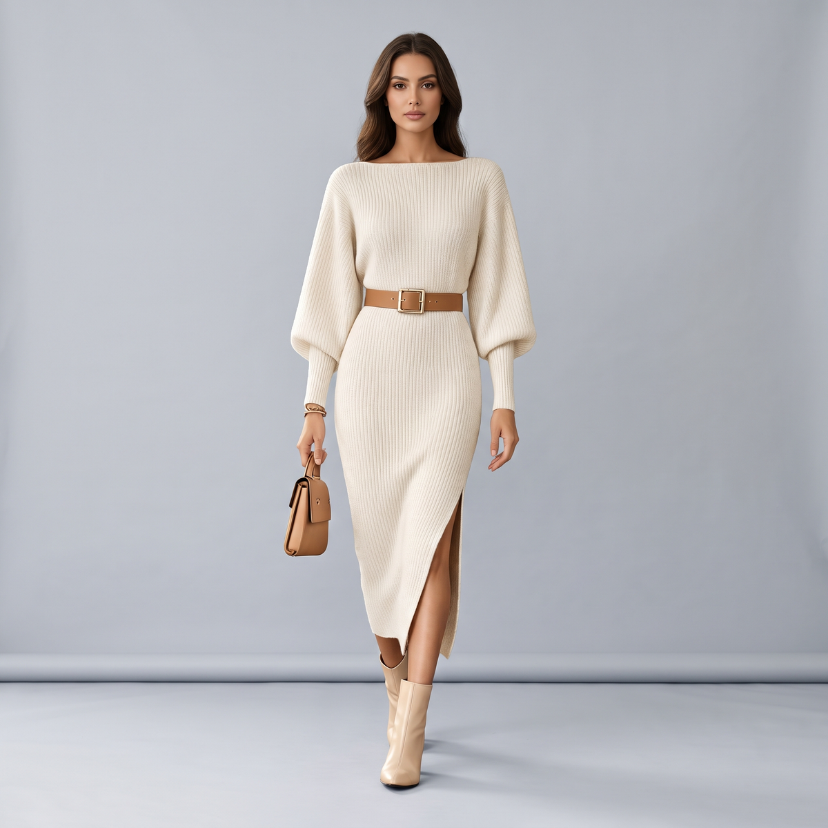 Ribbed Midi Sweater Dress with Belt