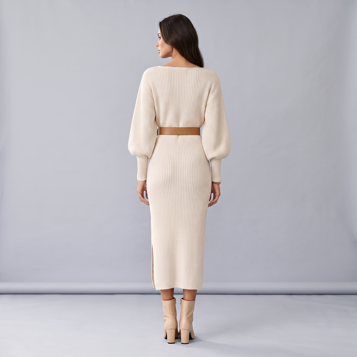 Ribbed Midi Sweater Dress with Belt