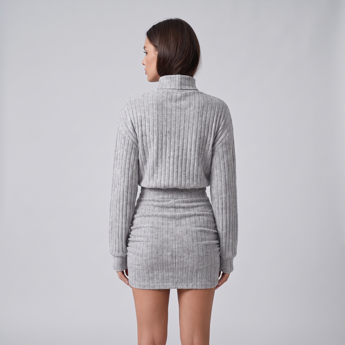 Ribbed Mini Sweater Dress with Ruched Skirt