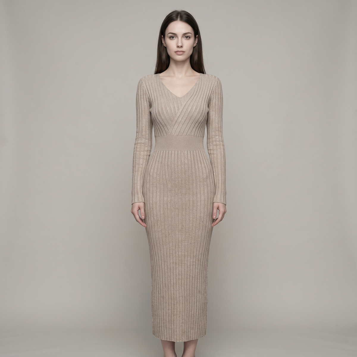 Ribbed Midi Sweater Dress with V-Neck