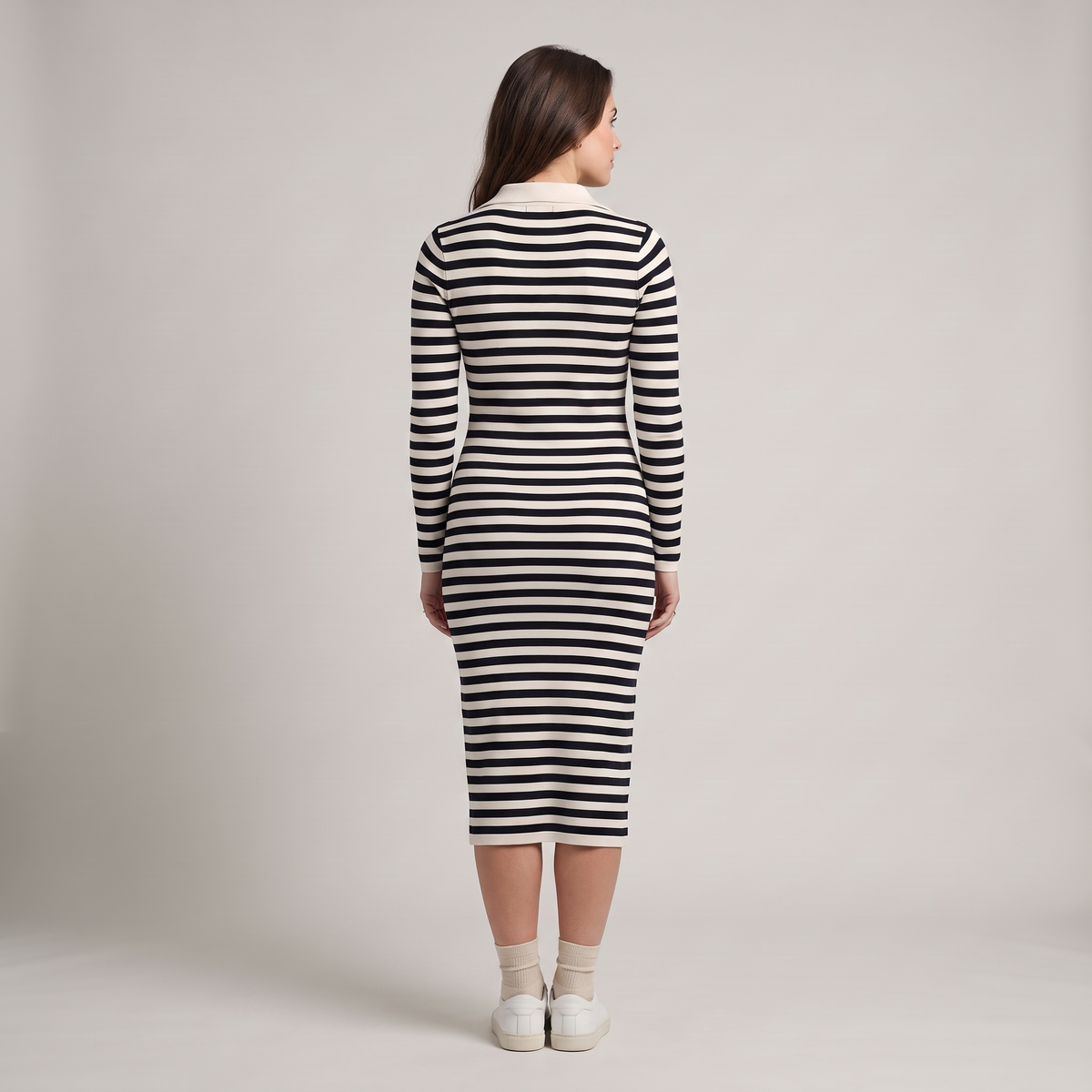Striped Midi Sweater Dress with Half Zip