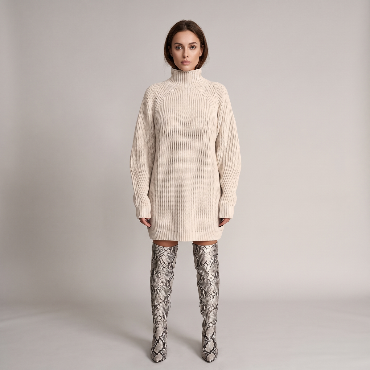 Chunky Ribbed High-Neck Mini Sweater Dress