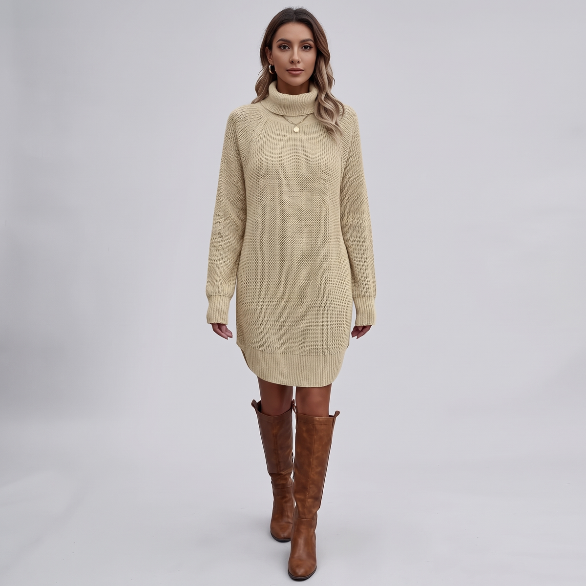 Chunky Ribbed High-Neck Tunic Sweater Dress