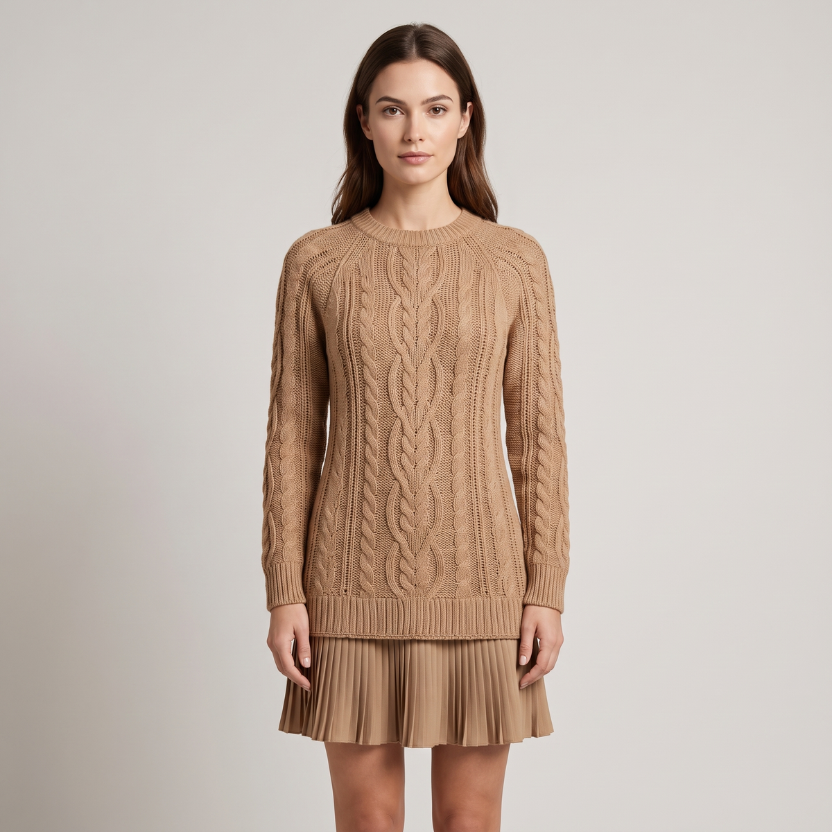 Camel Cable Knit Sweater Dress with Pleated Hem