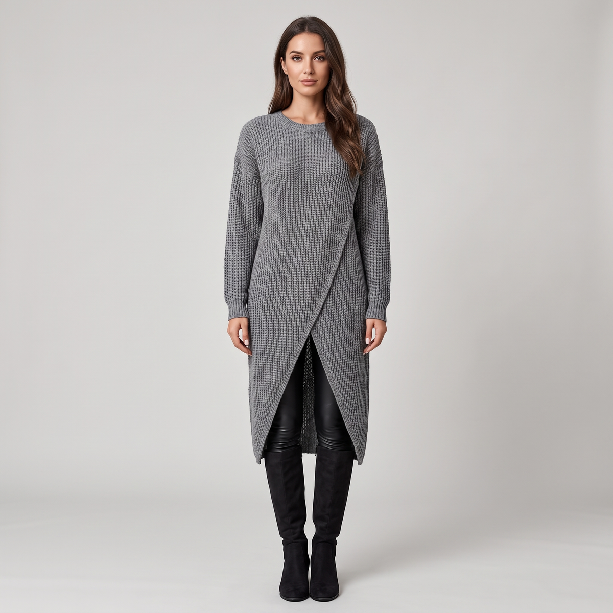 Grey Ribbed Long Sweater Dress Asymmetric Hem
