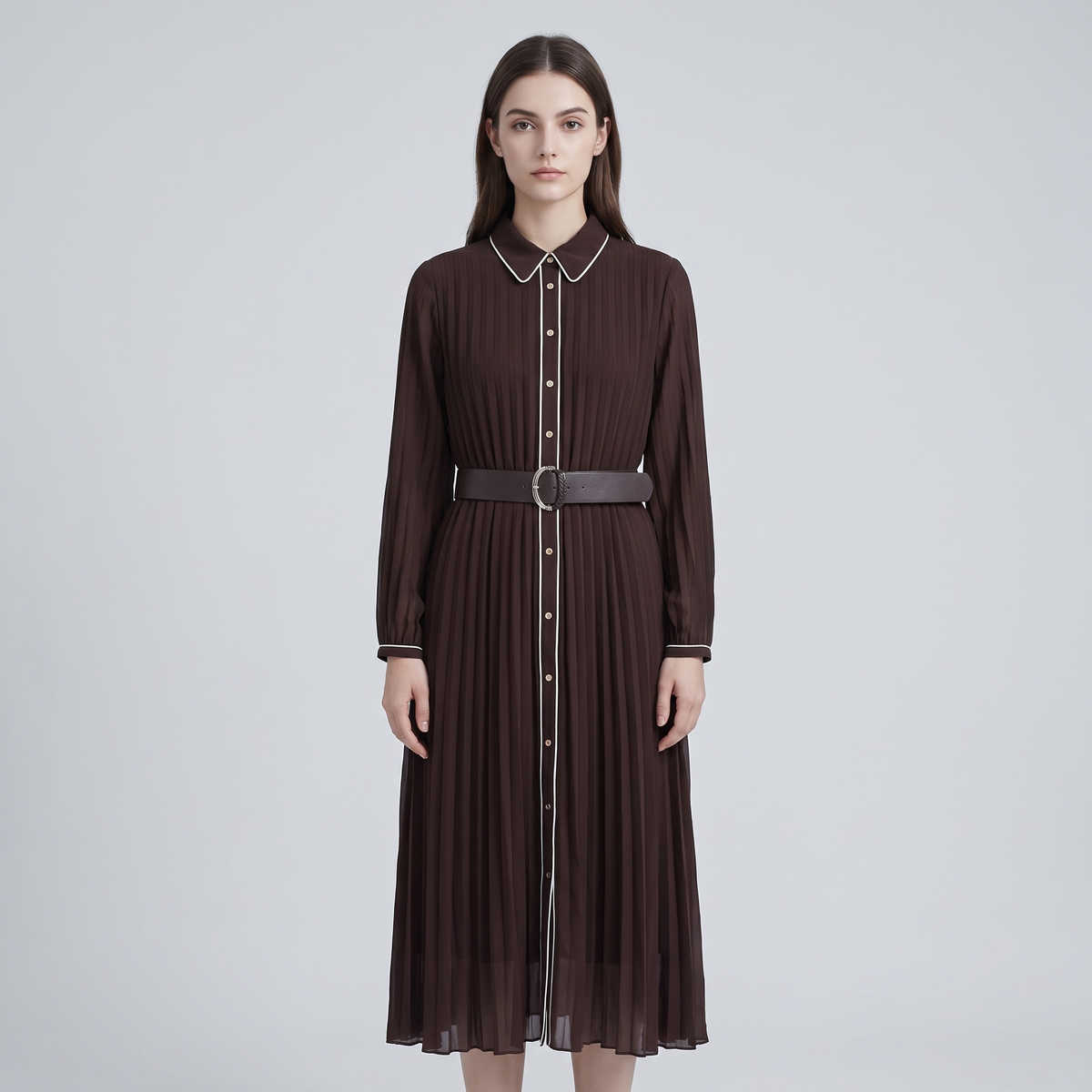 Chiffon Classic Collar Long Sleeve Midi Dress
