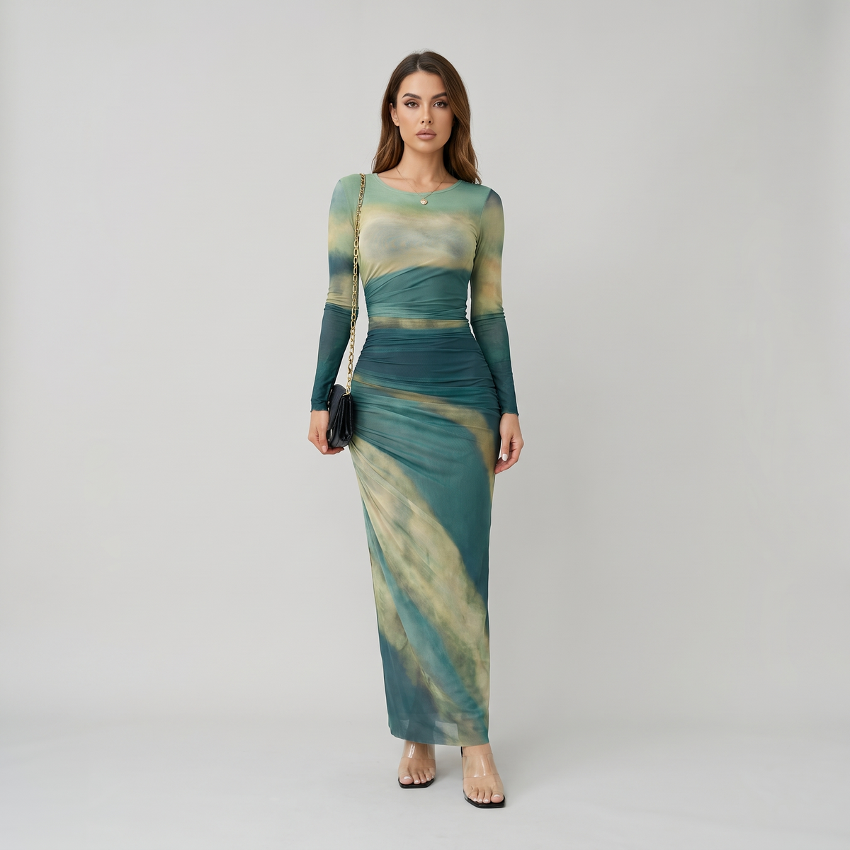 Elegant Ombre Ruched Long Sleeve Maxi Dress