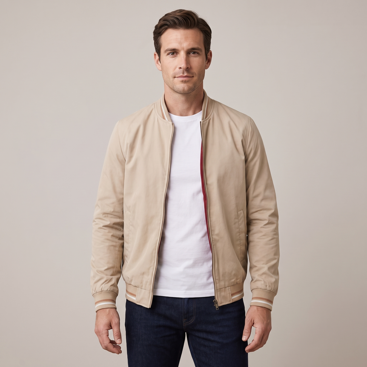 Men’s Bomber Jacket Lightweight Blended Fabric with Striped Cuffs