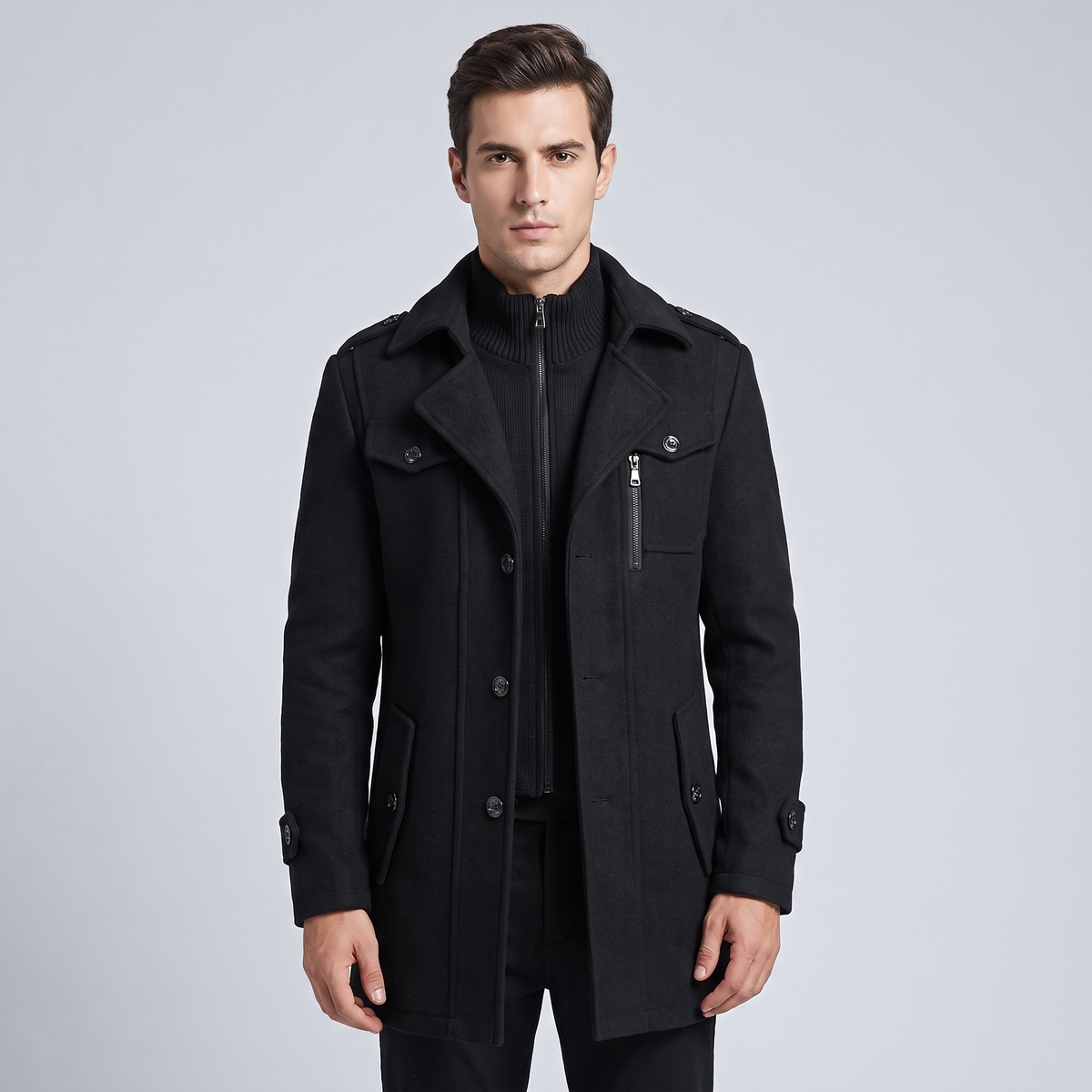 Men’s Winter Coat Long Full-Zip with High Collar, Classic Fit