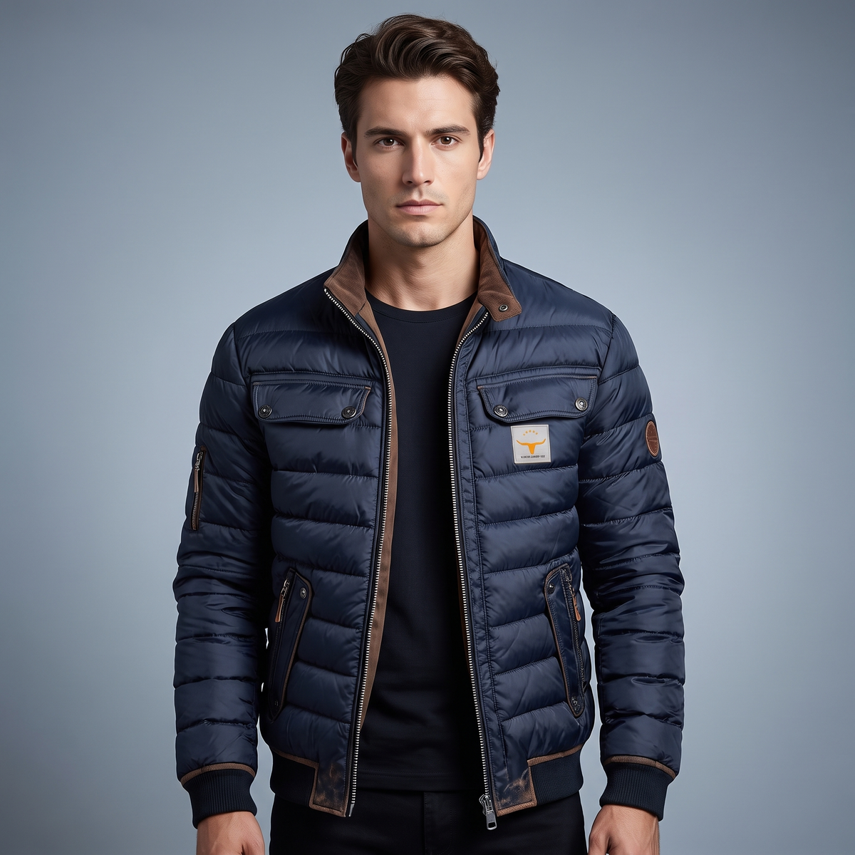 Men’s Puffer Jacket with High Collar and Zipped Pockets