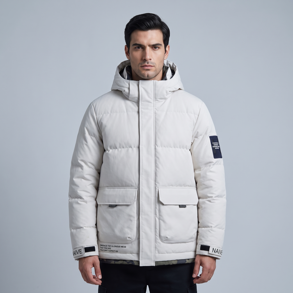 Men’s Puffer Jacket Elegant Nylon-Blend Hooded