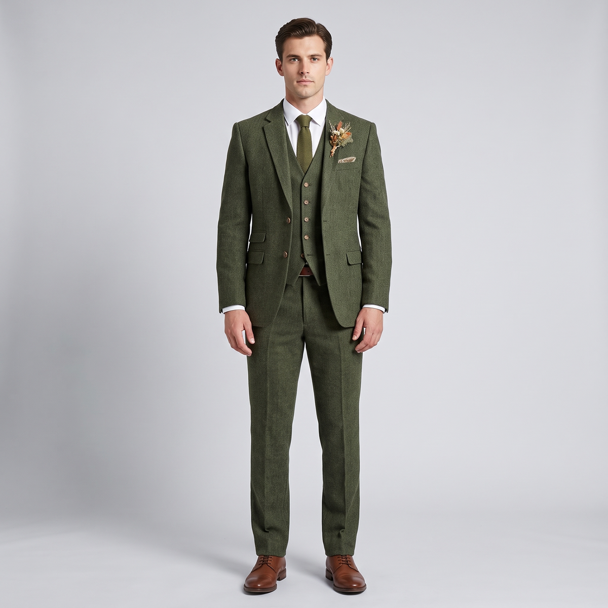 Men's Suit 3-Piece Military Green Tweed