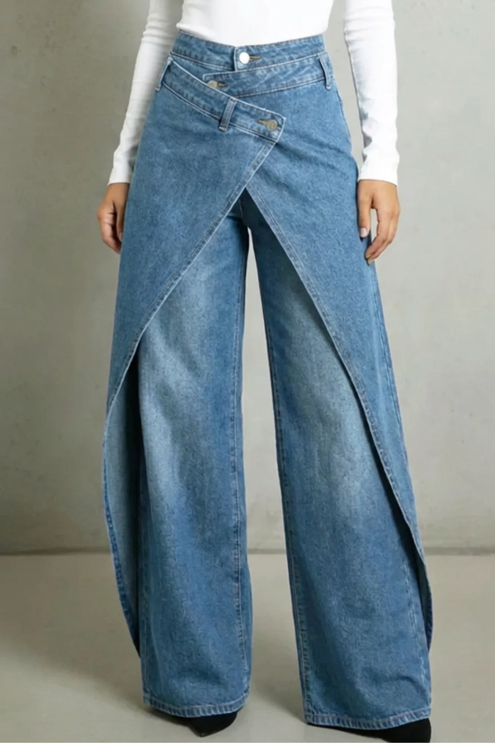 Women's High Waist Baggy Jeans with Draped Panel
