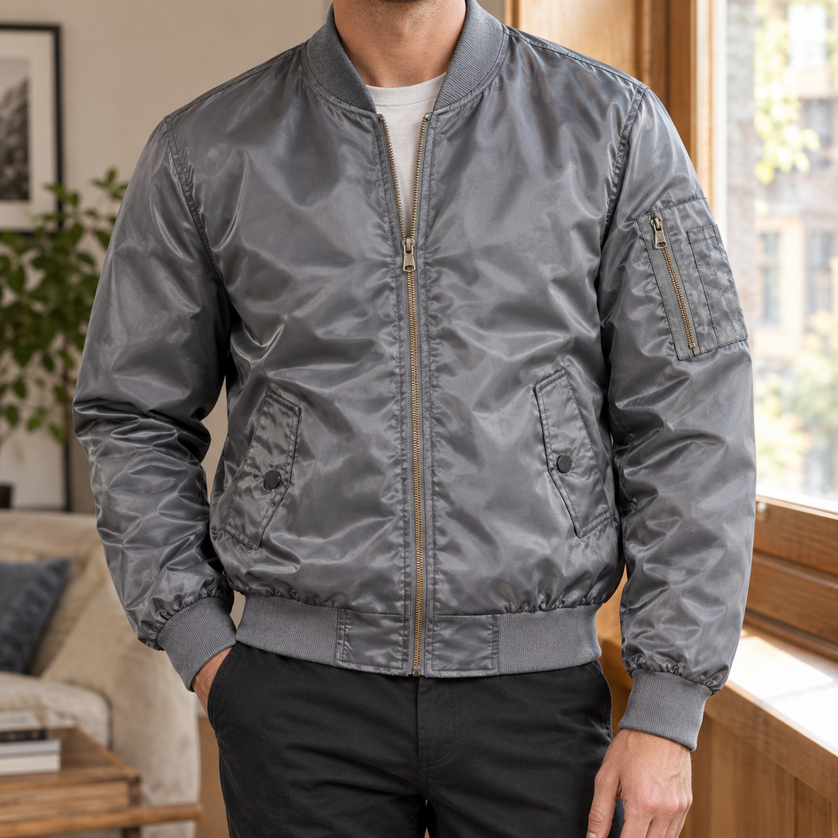 Men’s Bomber Jacket Lightweight Blended Fabric with Pocket