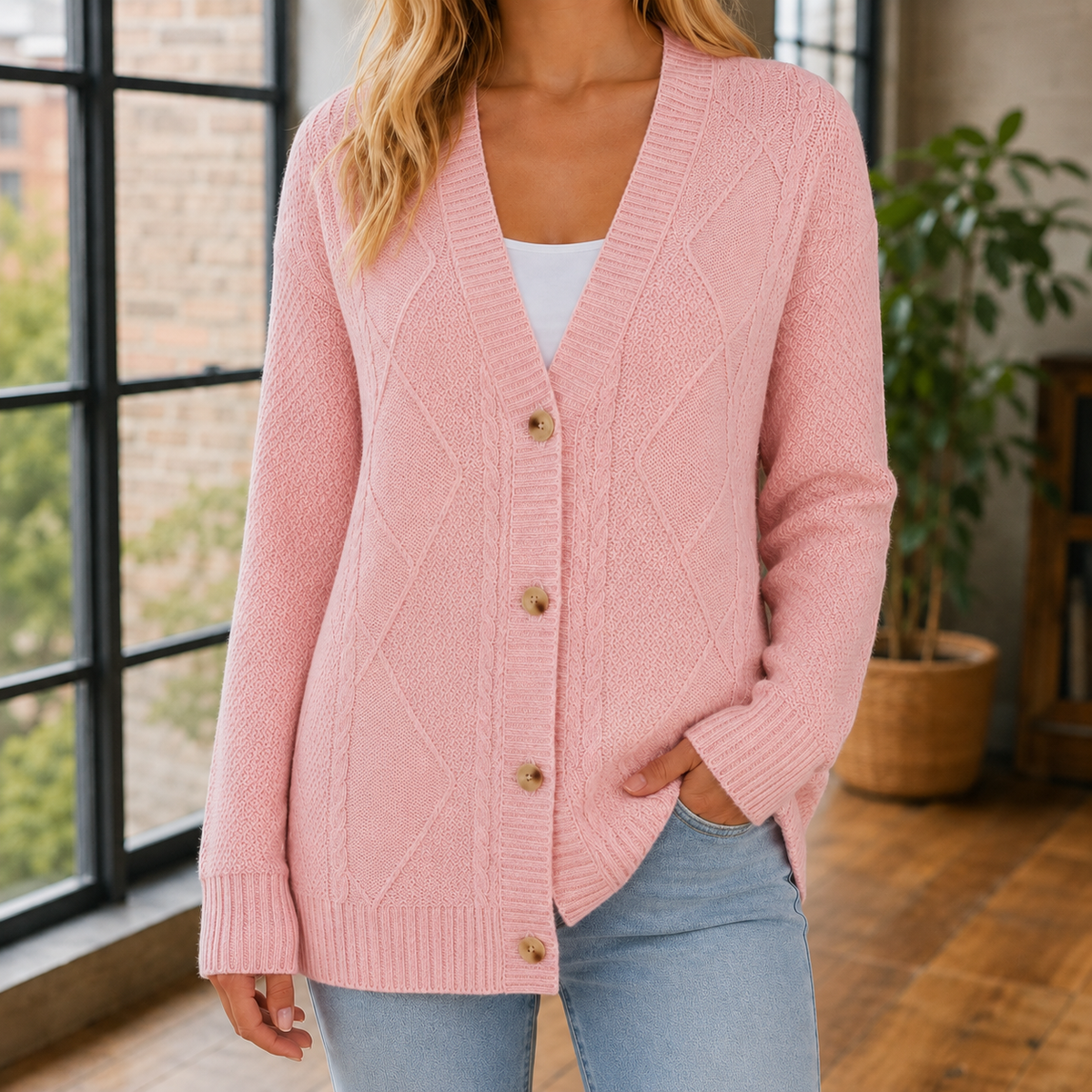 Women’s Long Openwork Cardigan with a V-neck