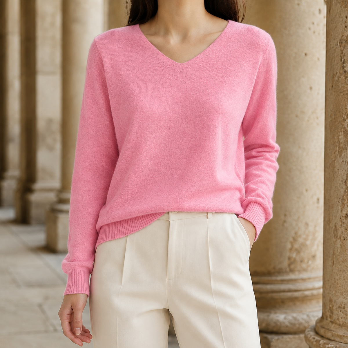 Women's V-Neck Sweater in Fine Wool, Relaxed Fit