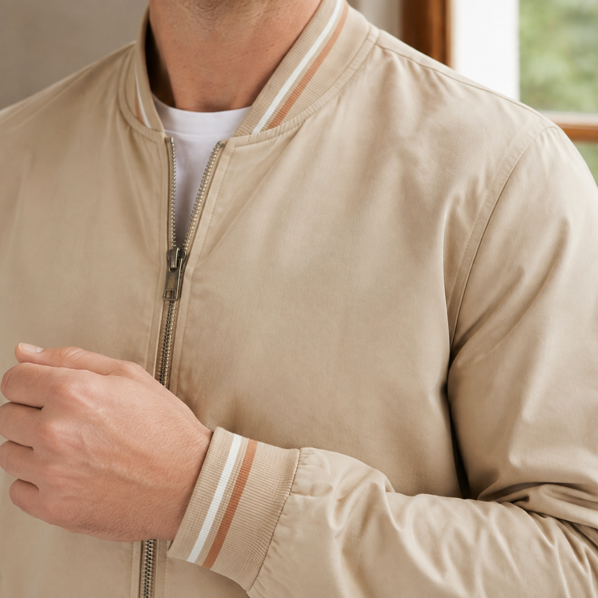 Men’s Bomber Jacket Lightweight Blended Fabric with Striped Cuffs