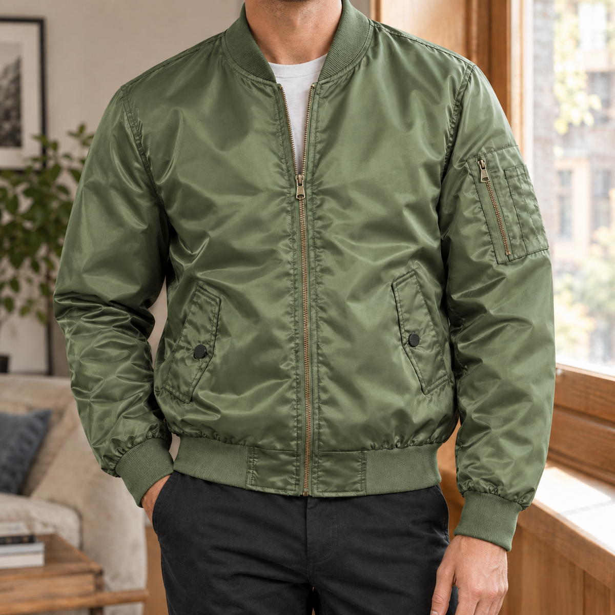 Men’s Bomber Jacket Lightweight Blended Fabric with Pocket
