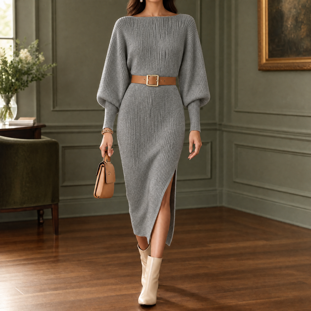 Ribbed Midi Sweater Dress with Belt