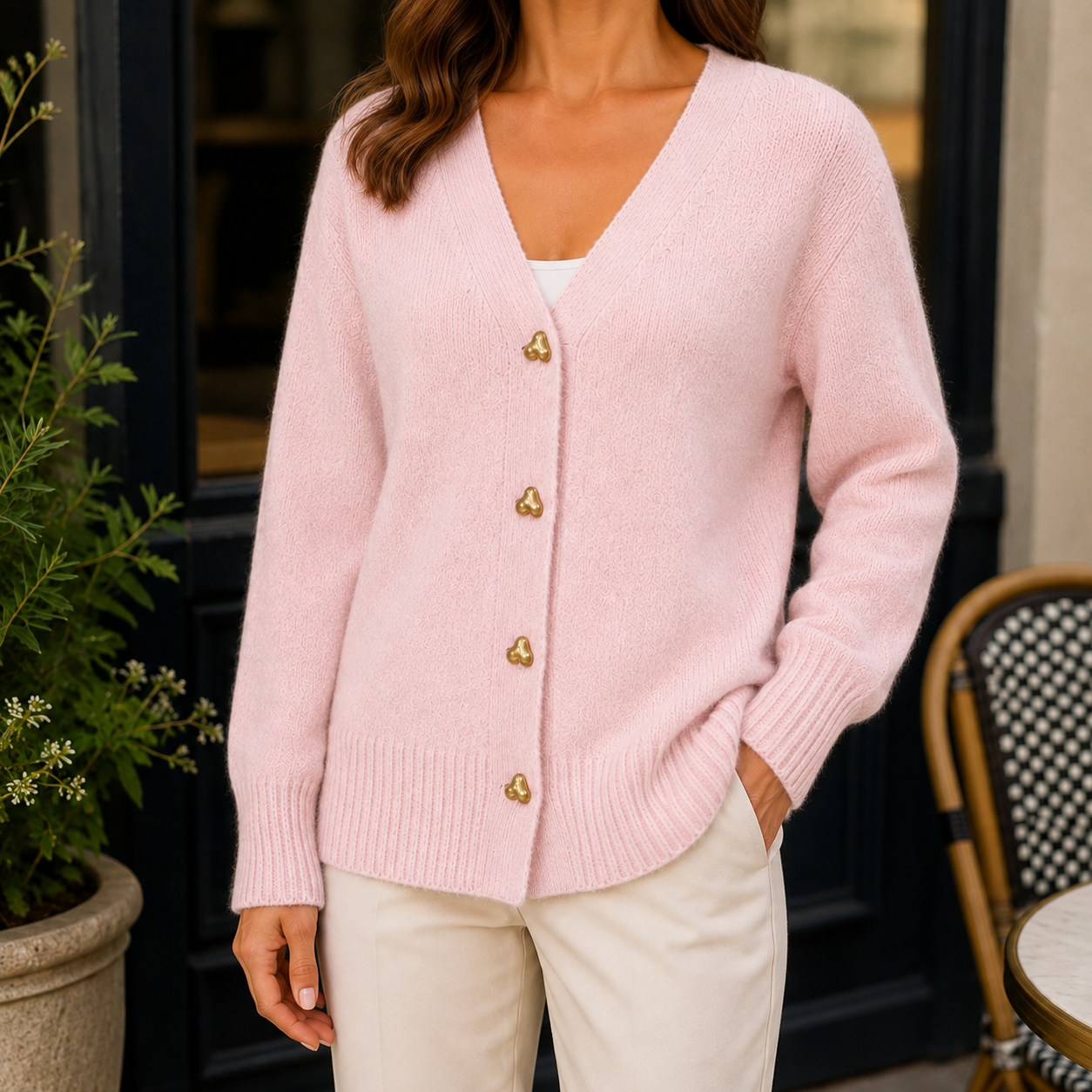 Women’s soft-knit cardigan with a V-neck and heart-shaped buttons
