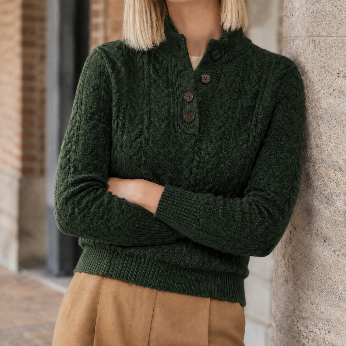 Women's Cable-Knit Sweater with Buttoned Neckline, Slim Fit