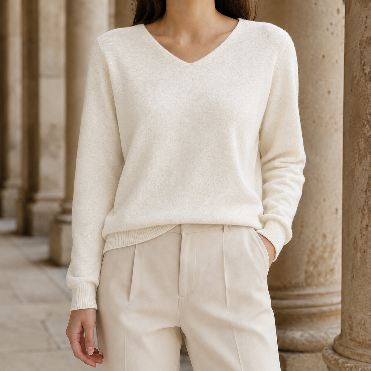 Women's V-Neck Sweater in Fine Wool, Relaxed Fit