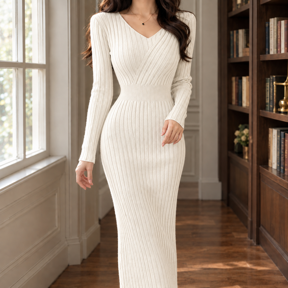Ribbed Midi Sweater Dress with V-Neck