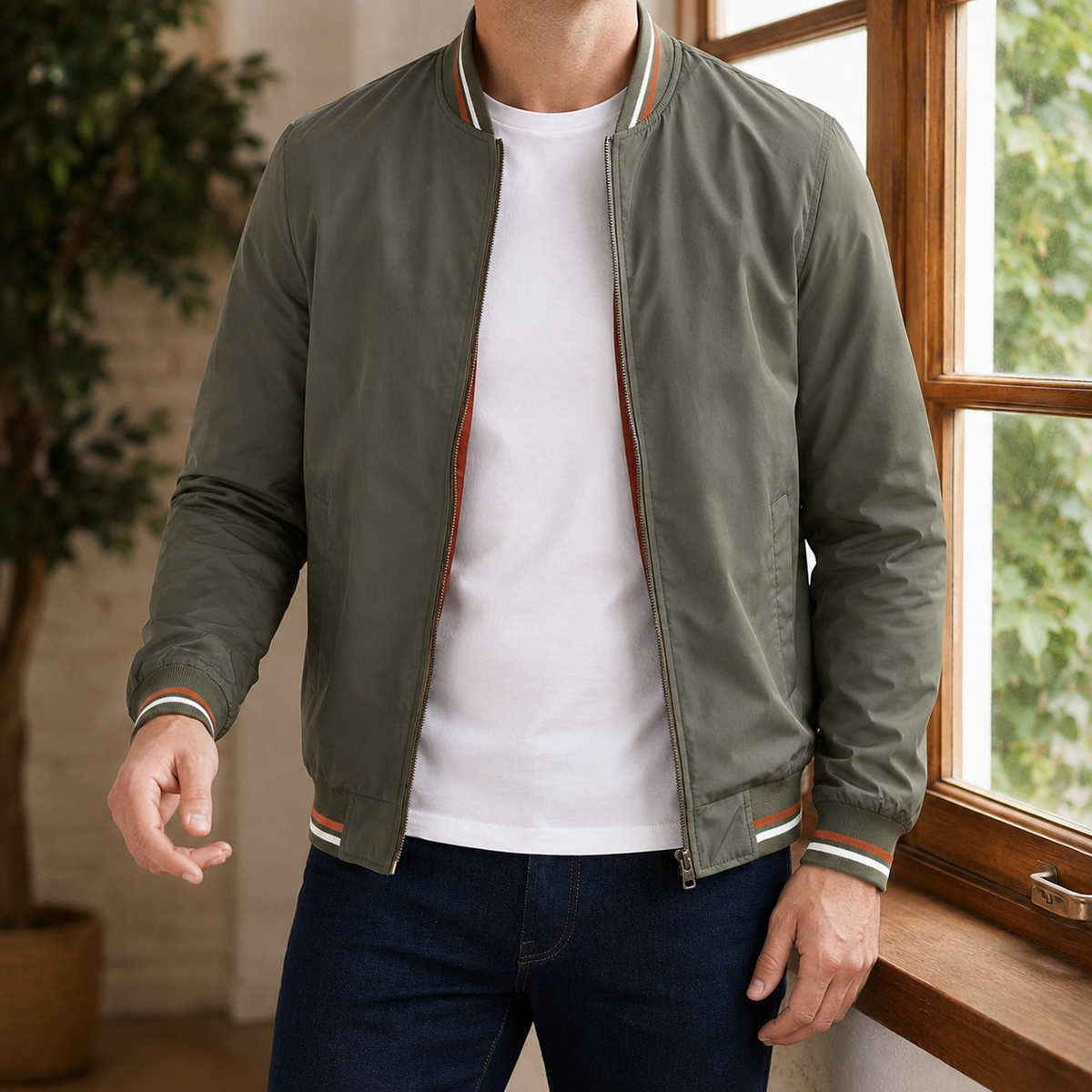 Men’s Bomber Jacket Lightweight Blended Fabric with Striped Cuffs