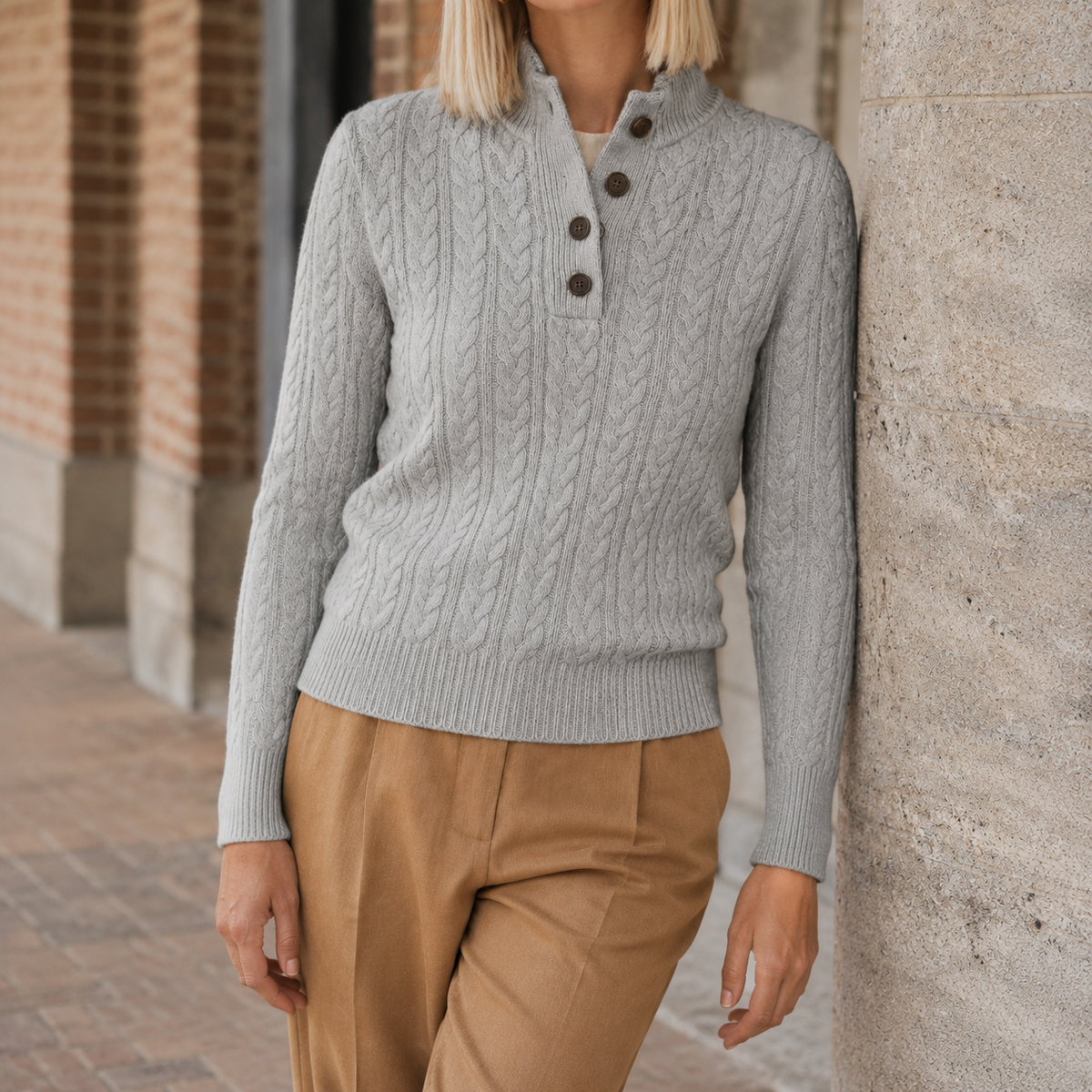 Women's Cable-Knit Sweater with Buttoned Neckline, Slim Fit