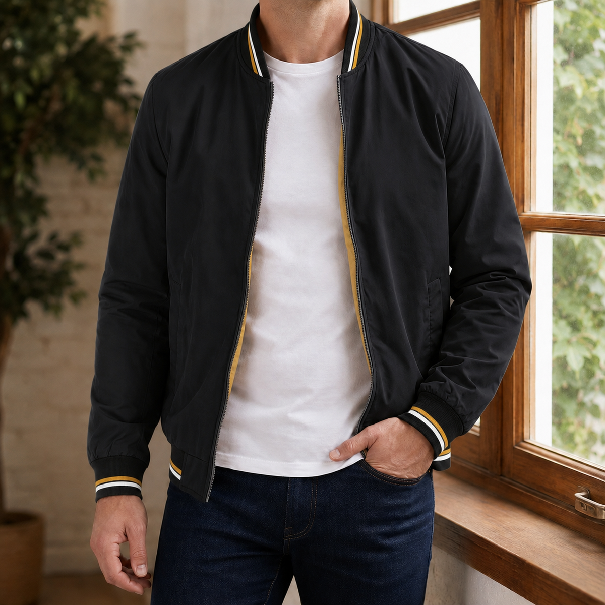 Men’s Bomber Jacket Lightweight Blended Fabric with Striped Cuffs