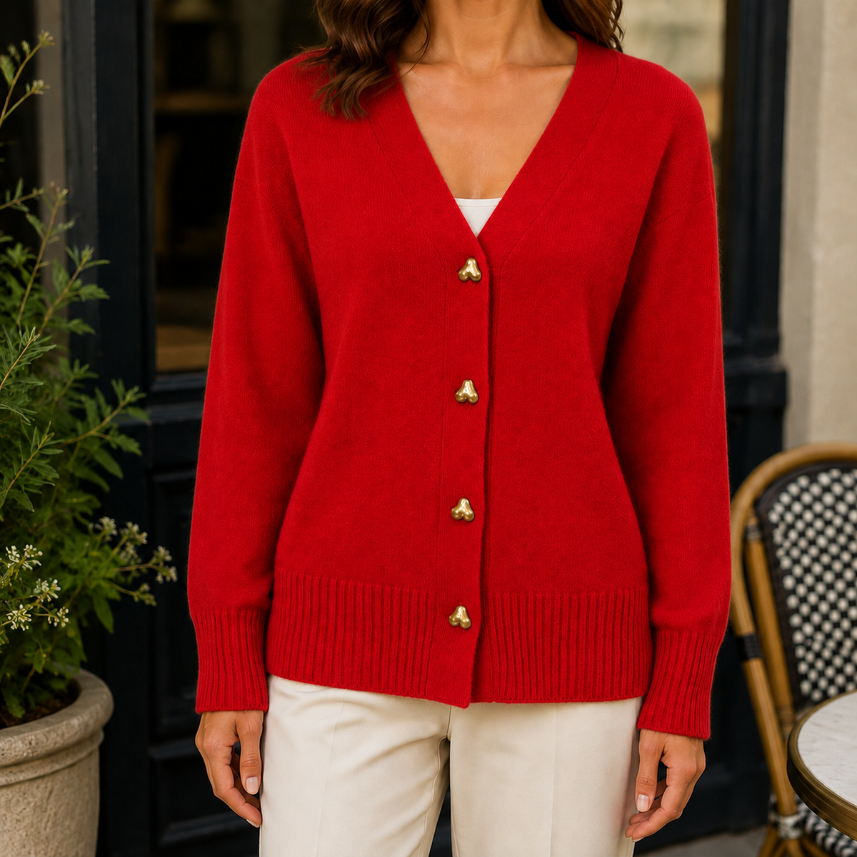 Women’s soft-knit cardigan with a V-neck and heart-shaped buttons