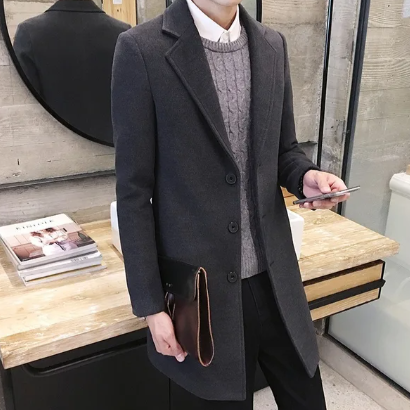 Men’s Winter Coat Elegant Long Polyester with Buttons