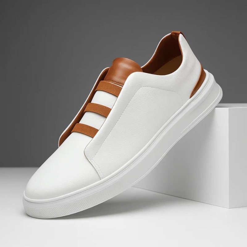 Sneakers Men's Slip-On in Genuine Leather with Elastic Laces and Rubber Sole