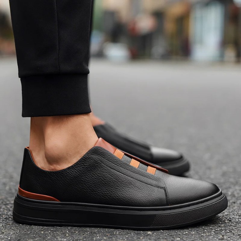 Sneakers Men's Slip-On in Genuine Leather with Elastic Laces and Rubber Sole