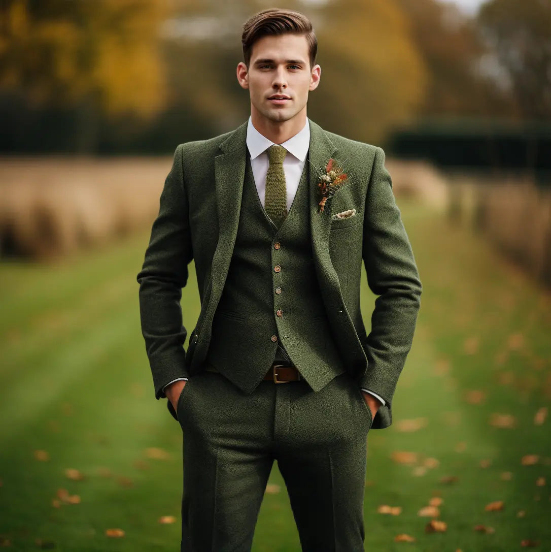 Men's Suit 3-Piece Military Green Tweed