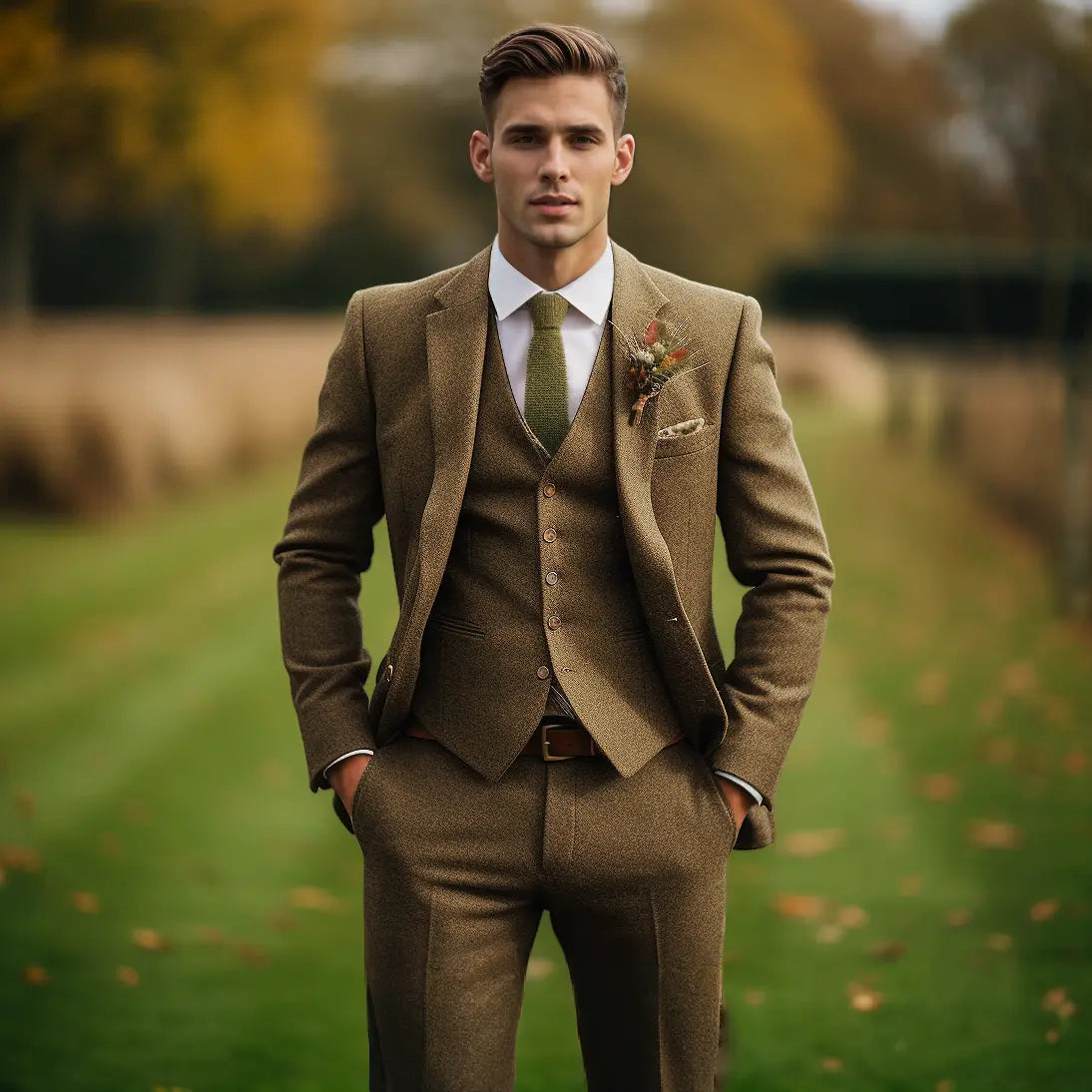 Men's Suit 3-Piece Military Green Tweed